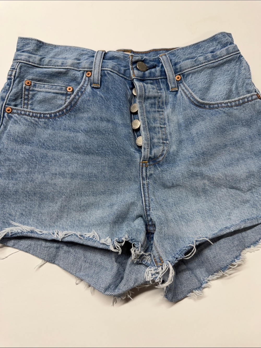 Denim Forum Light Blue High-Rise Button-Fly Jean Shorts